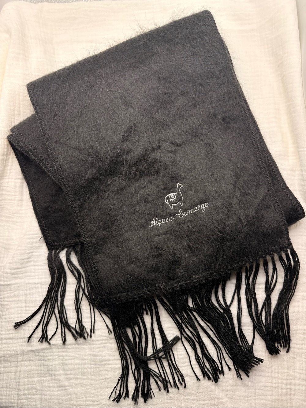 VTG Black Alpaca Wool Scarf Made in Peru Soft Winter Wrap Unisex 76” X 9” Fringe